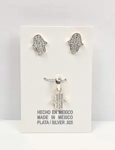 Hamsa Hand Pendant Necklace & Stud Earrings CZ - 925 Sterling Silver