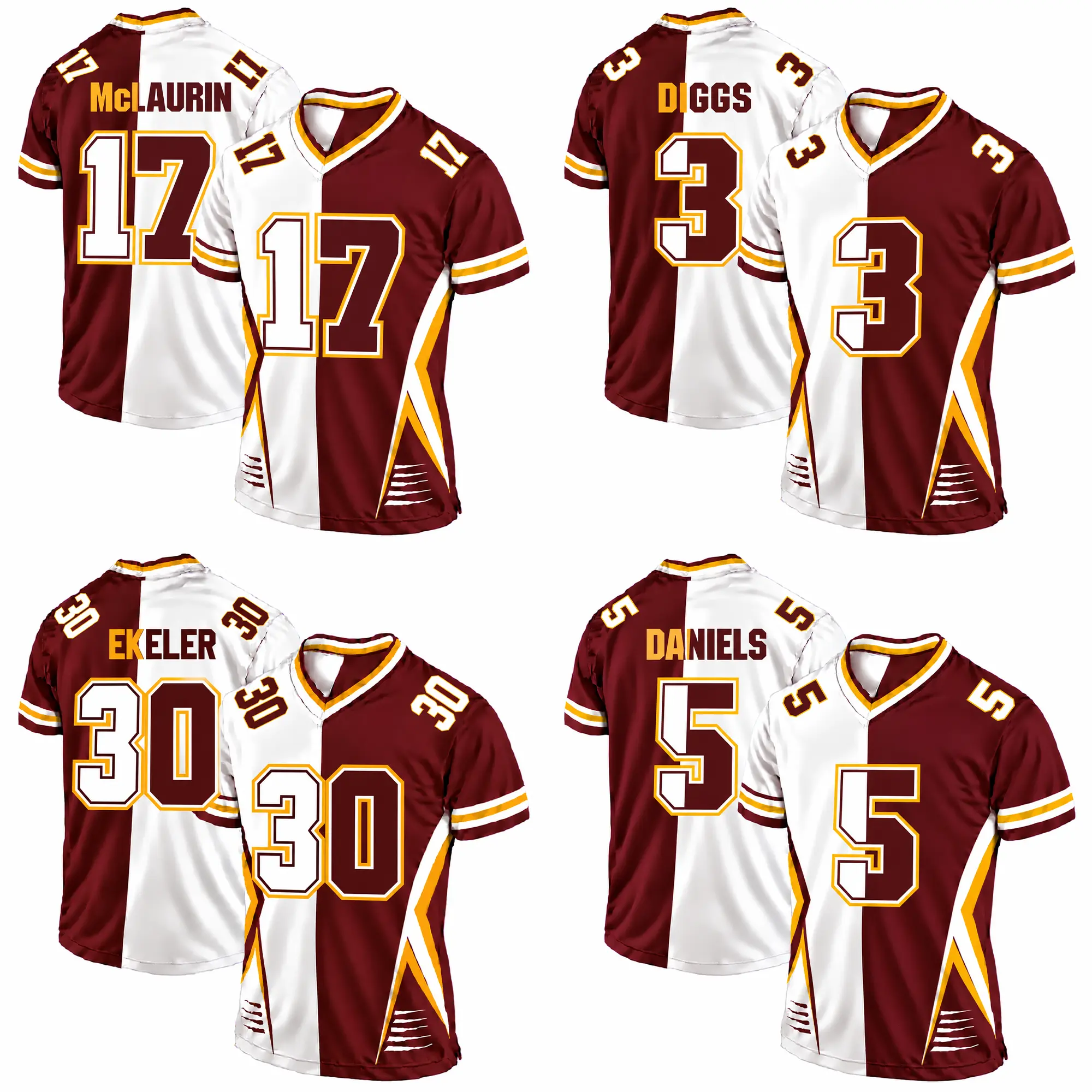 Washington Jersey, Jayden Daniels #5, Terry McLaurin #17, Deebo Diggs #3, Austin Ekeler #30 Football Jerseys, Burgundy and Gold Fan Apparel, Game Day Outfit, Premium Sportswear Gift for Fans