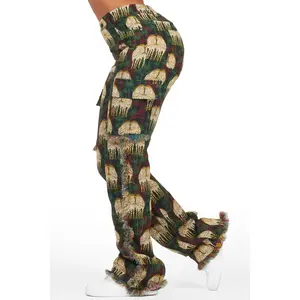 Zeontee Black Animal Print Cargo Tapestry Stacked Pant