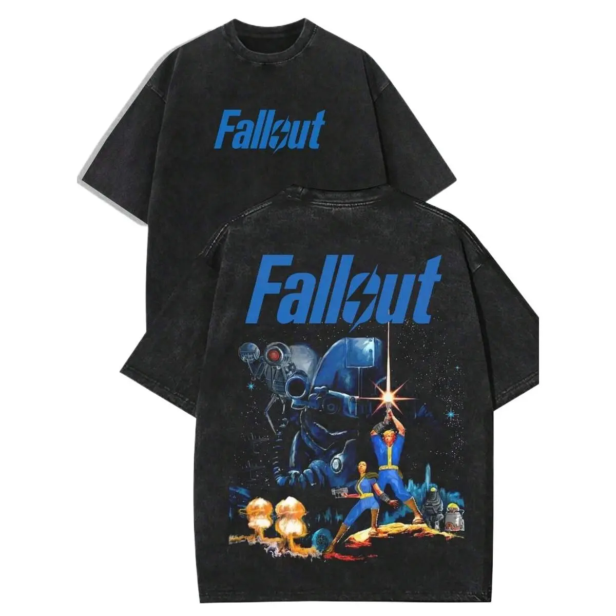 Men's Unisex Retro Washed Fallout Graphic T-Shirt - 100% Cotton, Double-Sided Print, Breathable Short-Sleeve Vintage Gaming Streetwear Basics Top for Multi-Season Wear