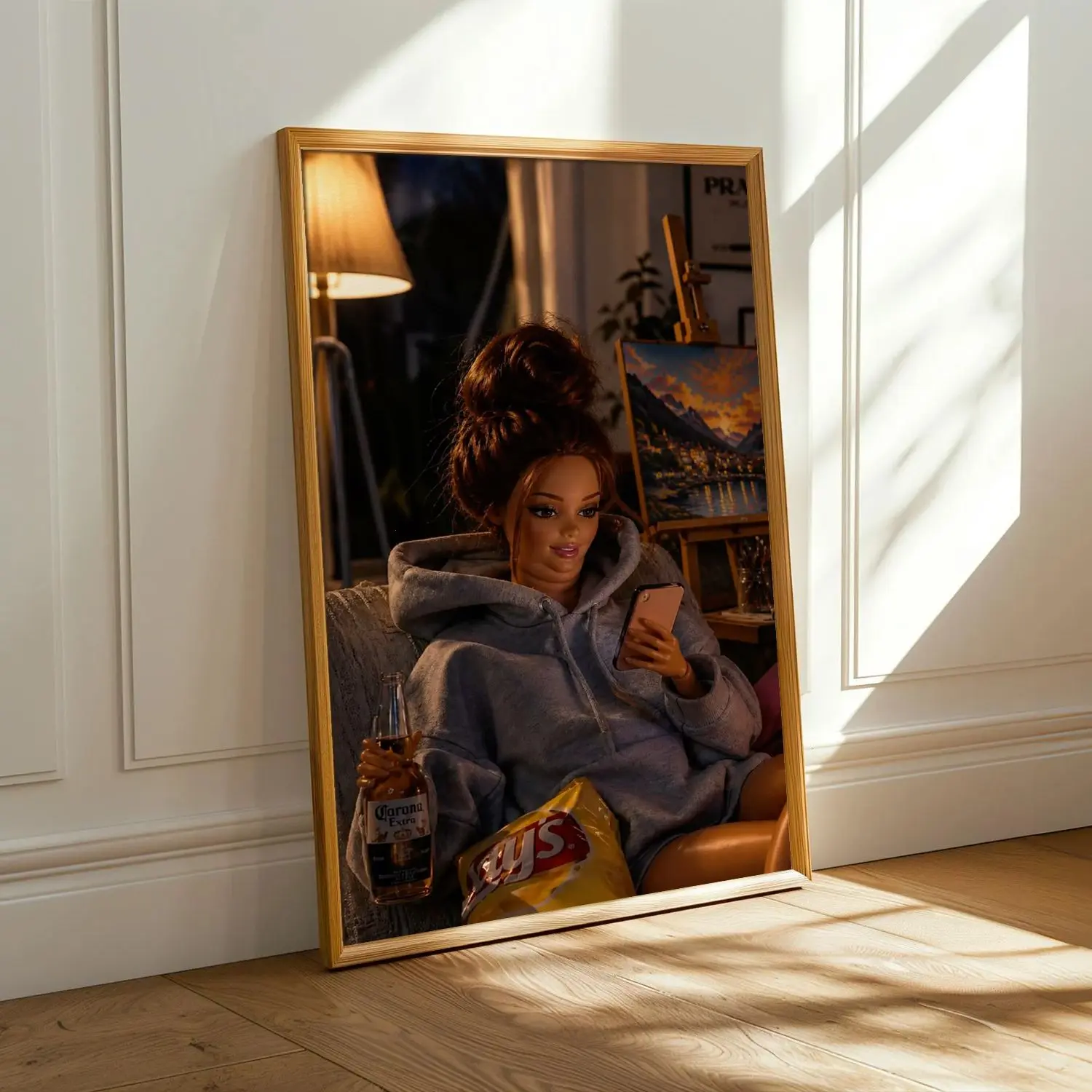 [25% OFF] [UNFRAMED] Relatable Chill Barbie Cozy Night In Poster, Funny Doll Eating Chips Drinking Beer Wall Art, Lazy Evening Phone Scrolling Unframed Paper Print Decor