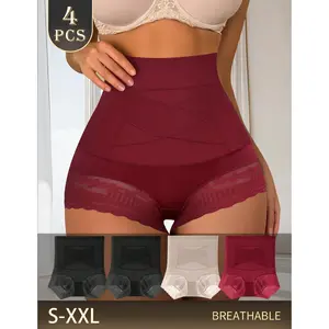 QUASTI Women's 4-Pack High-Waisted Shapewear Panties Soft Minimalist Seamless Compression Feminine Lace Breathable Solid Color Hip-Lifting Crossover No-Show Stretchy Fit S-XX
