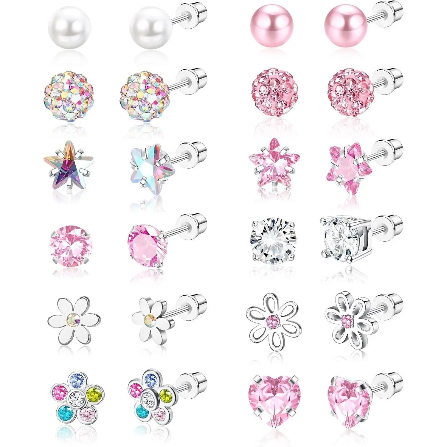 CASSIECA Women's High Quality Hypoallergenic CZ Earring Set - Stainless Steel Studs, Artificial Zirconia Earrings, Butterfly Flower Heart Shaped Designs, Spiral Backs, Multicolored Summer Jewelry, High Quality Earrings