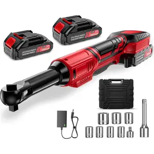 3/8 Cordless Ratchet Wrench Set, 60FT-LBS Extended Electric Ratchet with 400RPM Variable Speed, 21v Power Ratchet with 2x2.0Ah , 7 Sockets, 1/4 Adaptor, 3"Extension Bar