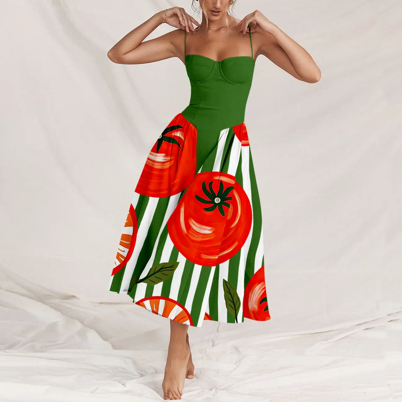 Women's Tomato Stripe Print Sleeveless Strapless Sling Dress - Rural Realism Painting Art Style, Natural Simple Elegant Casual Spring Summer Lady's Dress with Comfortable Fabric