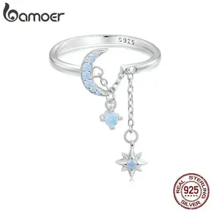 925 Sterling Silver Opal Star and Moon Chain Double Layer Ring for Women Wedding Adjustable Ring for Women Fine Jewelry