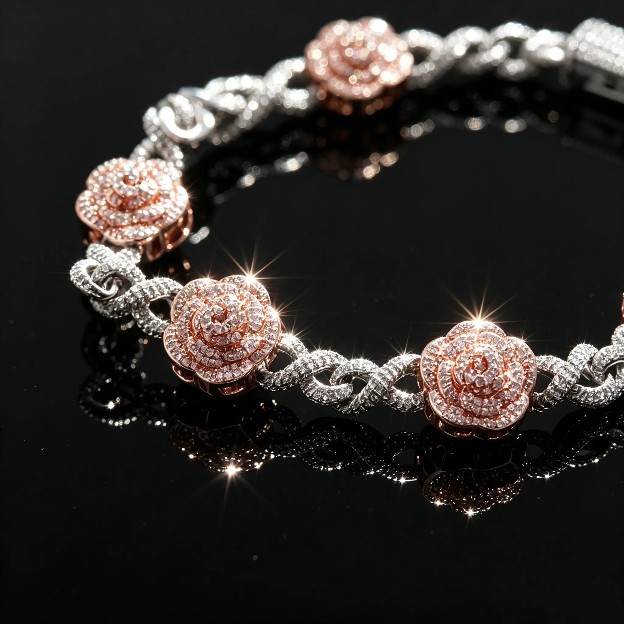Women's Chain Bracelet, Iced Out Hip Hop 2-Tone Plated Jewelry with 3D Layered Rose Flower and Micro-Paved CZ Infinity Links, Bracelet Wristband, Exquisite Bracelet