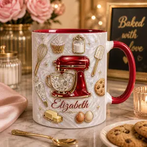 Personalized Baking Mug 2D Printed 3D Effect Coffee Cup, Custom Name Ceramic Mug with Kitchen Mixer Design for Bakers Pastry Chefs Cooking Lovers, Cute Kitchen Keepsake Gift Idea for Her Women Friends Birthday Housewarming Present