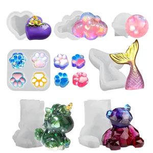 7PCS animal resin mold, bear, unicorn, love heart, cat paw, fish tail, cloud, ball 3D realistic epoxy resin silicone mold, unique DIY arts and crafts display mold, wall desktop home decoration candle production