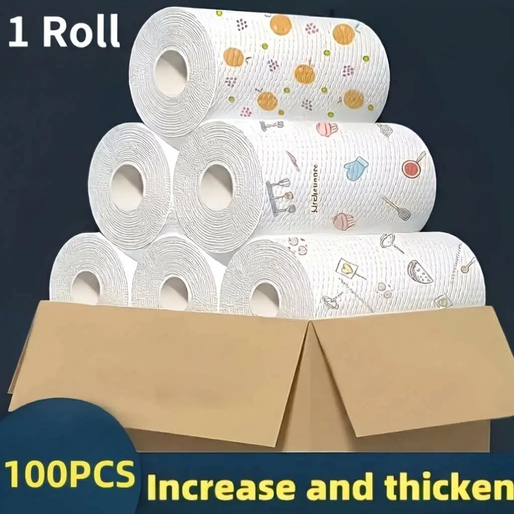 Extra Large Roll [1 Roll 100 Sheets] Disposable Dish Cloths, Kitchen Paper Towels, Lazy Towel, Absorbent, Dry Wet Use, Reusable Cleaning Cloth, Household Items Disposable