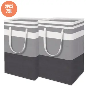2-Pack Large Laundry Basket, Waterproof Freestanding Hamper, Collapsible Tall Clothes Hamper with Extended Handles (Gradient Grey, 75L)