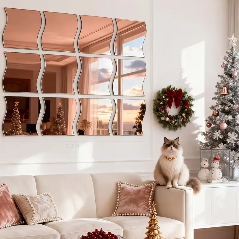 6pcs， Wave shaped rose gold mirror wall sticker, shatter resistant acrylic self-adhesive mirror, DIY removable artistic decorative sticker, suitable for bedroom, living room, bathroom, gym interior wall decor, 25x30cm