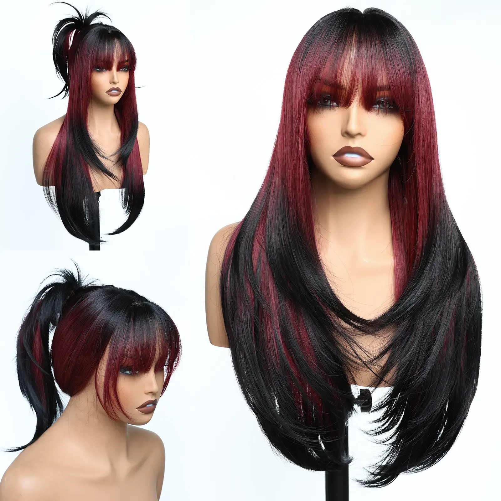 FABÉLLE Curtain Bangs Straight Wigs Glueless Simulated Scalp Cap 26inch Layered  Wig Wear and Go Realistic Look Pre Style No Lace Wig With Bangs Inward Curl at the Ends for Women synthetic fiber material