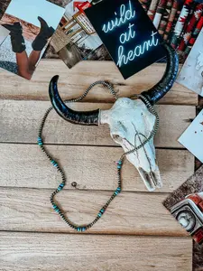 Women's Western Style Navajo Design Costume Jewelry Necklace - Natural Turquoise Beads, Unsourced Pearls, Beaded Cord