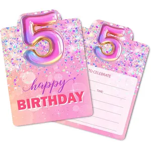 Birthday Invitations, Pink 5th Birthday Invitation Cards with Envelopes (30 PACK), Rainbow Foil Fill-in Invites for Girls Kids Fifth Party Supplies Decorations Favors
