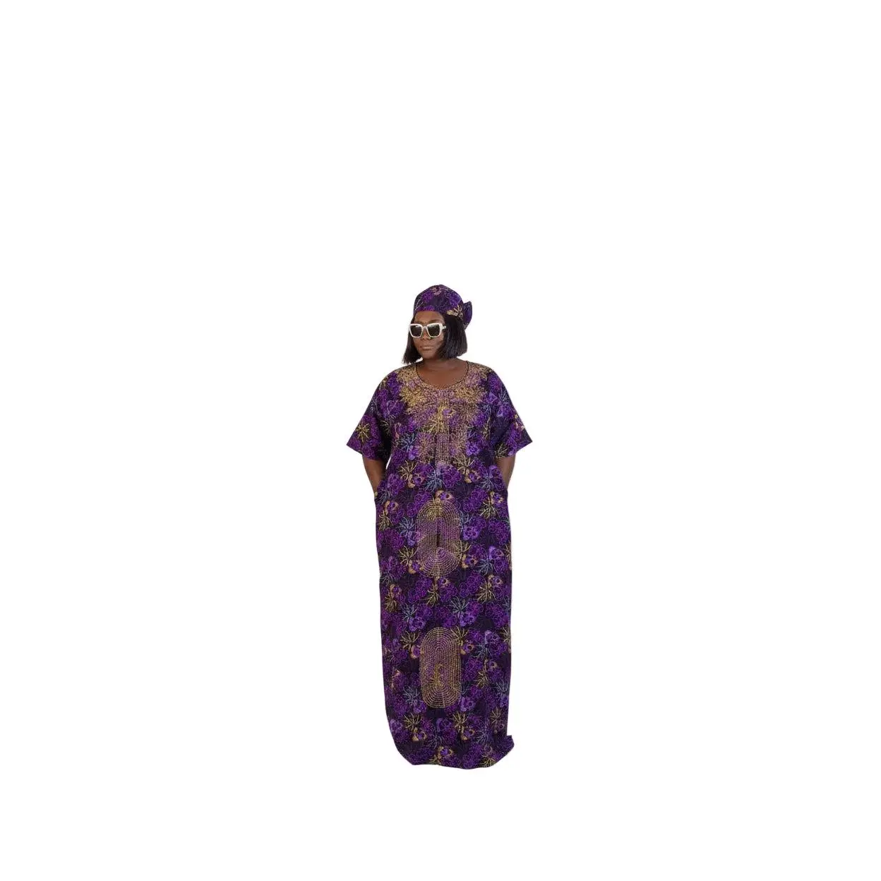 CELESTE Luxury Purple Floral African Print Dansiki Boubou Maxi Dress With Bling Embellished Front Panel, Back Detail, Side Pockets and Matching Headwrap - 2 piece Boubou set