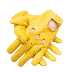 YELLOW - Men’s Genuine Leather Full Finger Driving Gloves with Knuckle Holes & Snap Closure