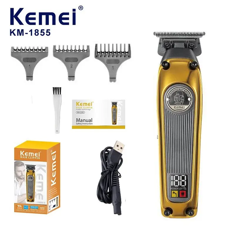 Kemei 1855 Professional Barber Cordless Hair Trimmer Brushless Motor Zero Gapped Edgers Clipper Electric Bald Finish Cutting Machine USB Rechargeable Clipper