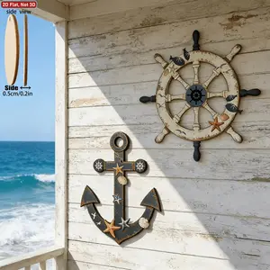 2D Wooden Nautical Home Wall Decor Set, Rustic Ship Anchor and Wheel, Ocean Theme Hanging Art Decorative Artwork for Living Room, Kitchen, Bathroom, Bedroom Decoration
