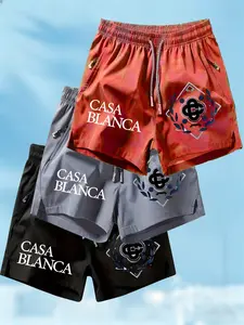 3-Pack Casablanca Print Quick-Dry Sport Shorts, Men's Elastic Waist Fitness Shorts with Zip Pockets, Casual Athletic Wear for All Seasons, Performance Shorts