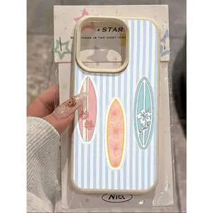 3D Surfboard TPU Cellphone Casing - Summer Special Edition, Blue Stripes, Lychee Texture, Protective Tech Accessories for iPhone 17/16/15/14/13/12/11, Ideal Gift for Friends
