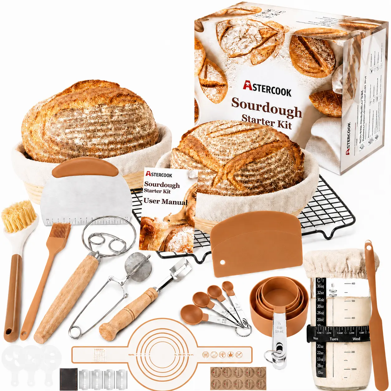 Astercook Sourdough Starter Kit with Round & Oval Banneton Bread Proofing Baskets, Starter Jar, Dough Whisk, Scrapers, Stencils and Bread Baking Supplies