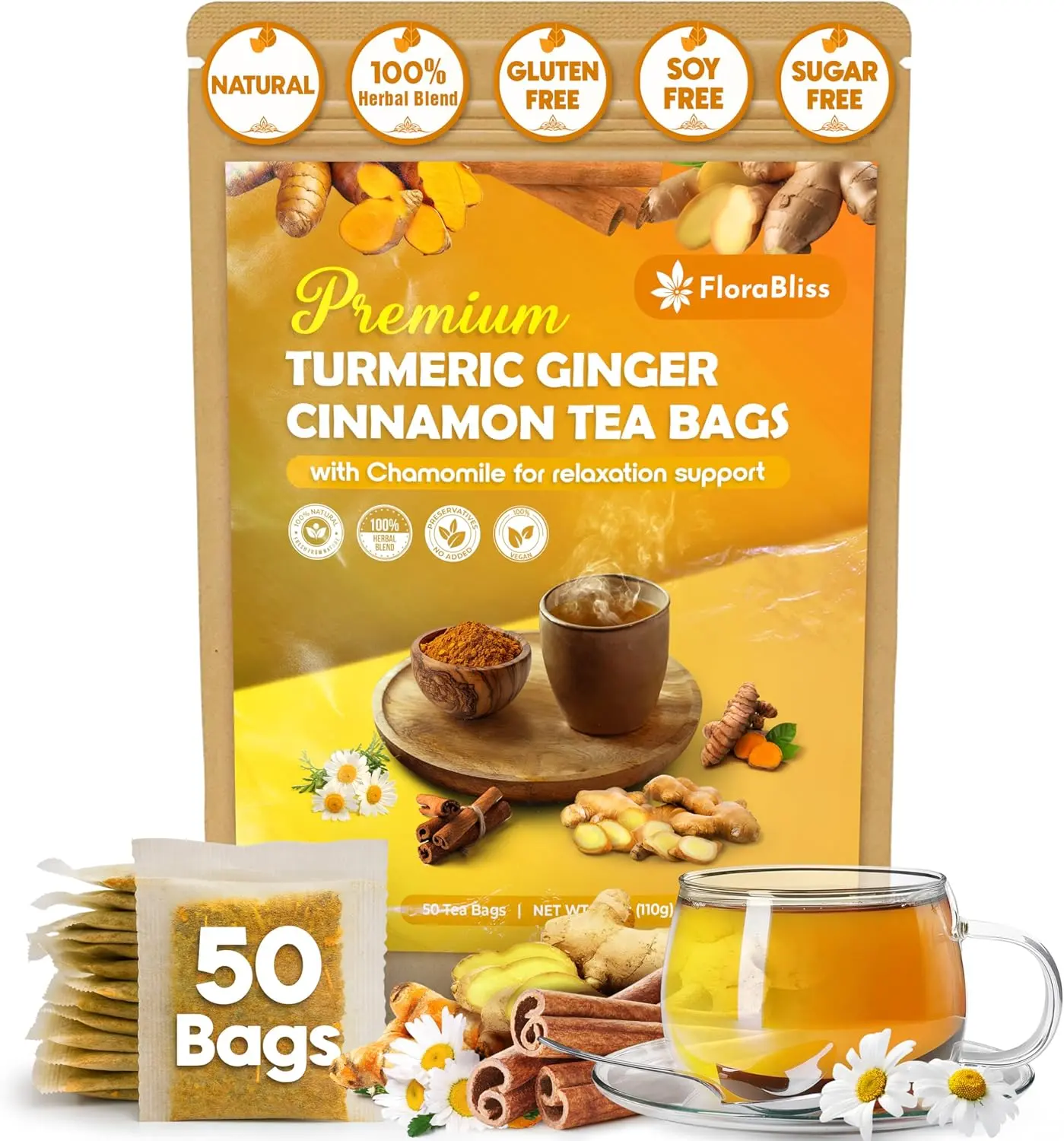 FloraBliss 50 Bags, Turmeric, Ginger, Cinamon, Chamomile Tea