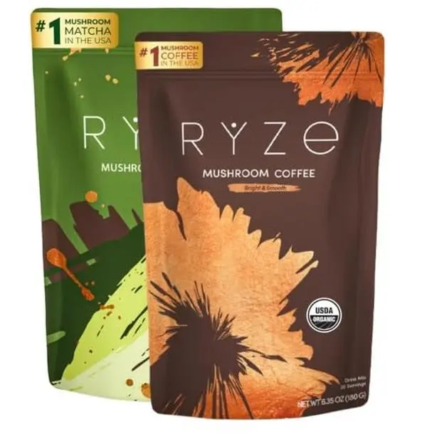 (Flash Sale 4 Packs) RYZE SUPERFOODS All Day Energy Bundle with Mushroom Medium Roast Coffee + Mushroom Matcha, USDA Organic with 6 Adaptogenic Mushrooms + Matcha for Better Energy, Focus, Digestion 30+30 serving