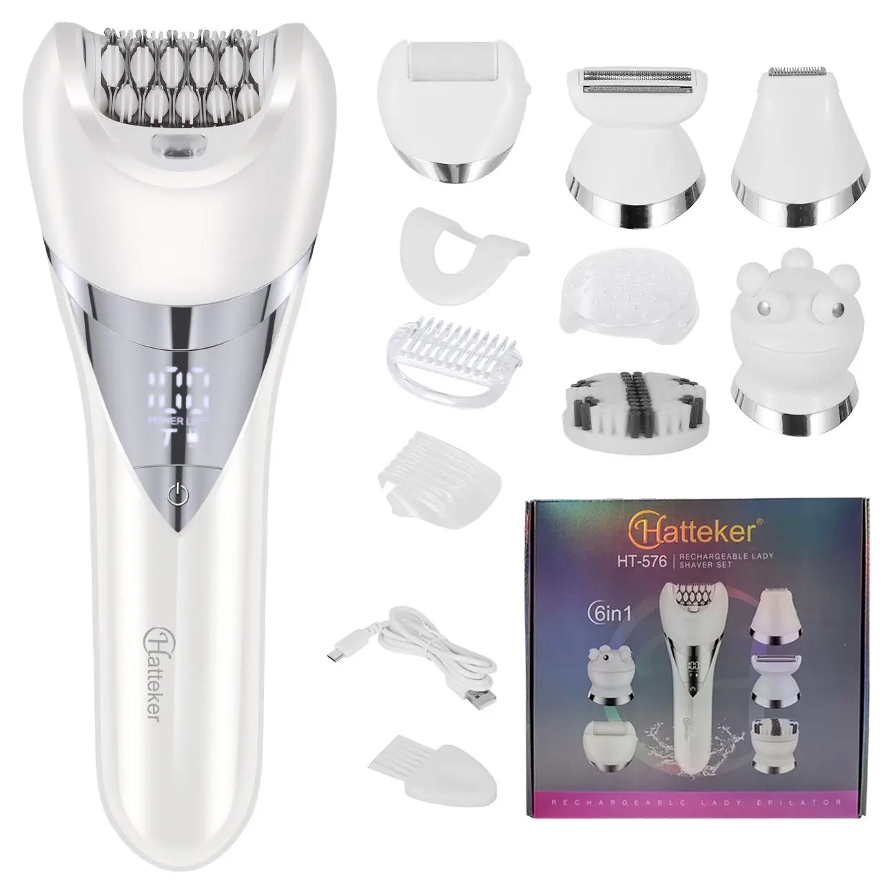 Hatteker 6-In-1 Rechargeable Hair Remover Women's Hair Removal Device with Adjustable Speed, Fully Washable, Hair Removal Product, Hair Removal Tool, Includes Epilator, Facial Hair Removal, Shaving Heads, Face Brush, Bikini Trimmer, Valentine's Day Gift