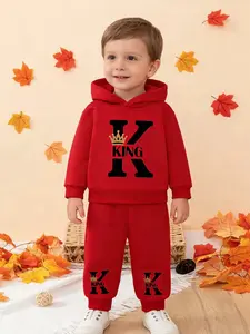 Autumn Winter Kids Set, Hooded Sweatshirt with K Letter Print, Comfortable Casual Style, Windproof Warmth, Ideal for Fall & Winter