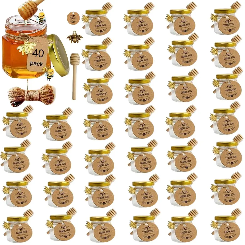 1.5 oz Mini Hexagon Glass Honey Jars (40-Pack) - Elegant Glass Jars with Gold Lids, Wooden Dippers, Bee Charms, Rope, Ribbon, Utensils - Apothecary Aesthetic, Gold Bee Honey Storage Jars for Weddings, Party Favors, Tidy Small Items, Glass Jars Look Elegan