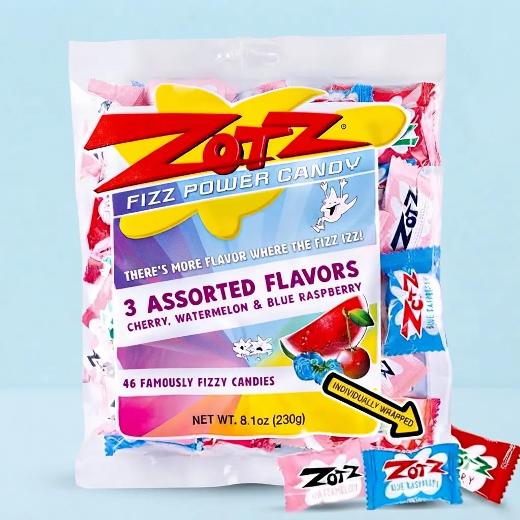 ZOTZ Fizzy Sour Candy Bulk 46 Pieces Classic Italian Hard Candy Wrapped Cherry Watermelon Blue Raspberry Party Snacks