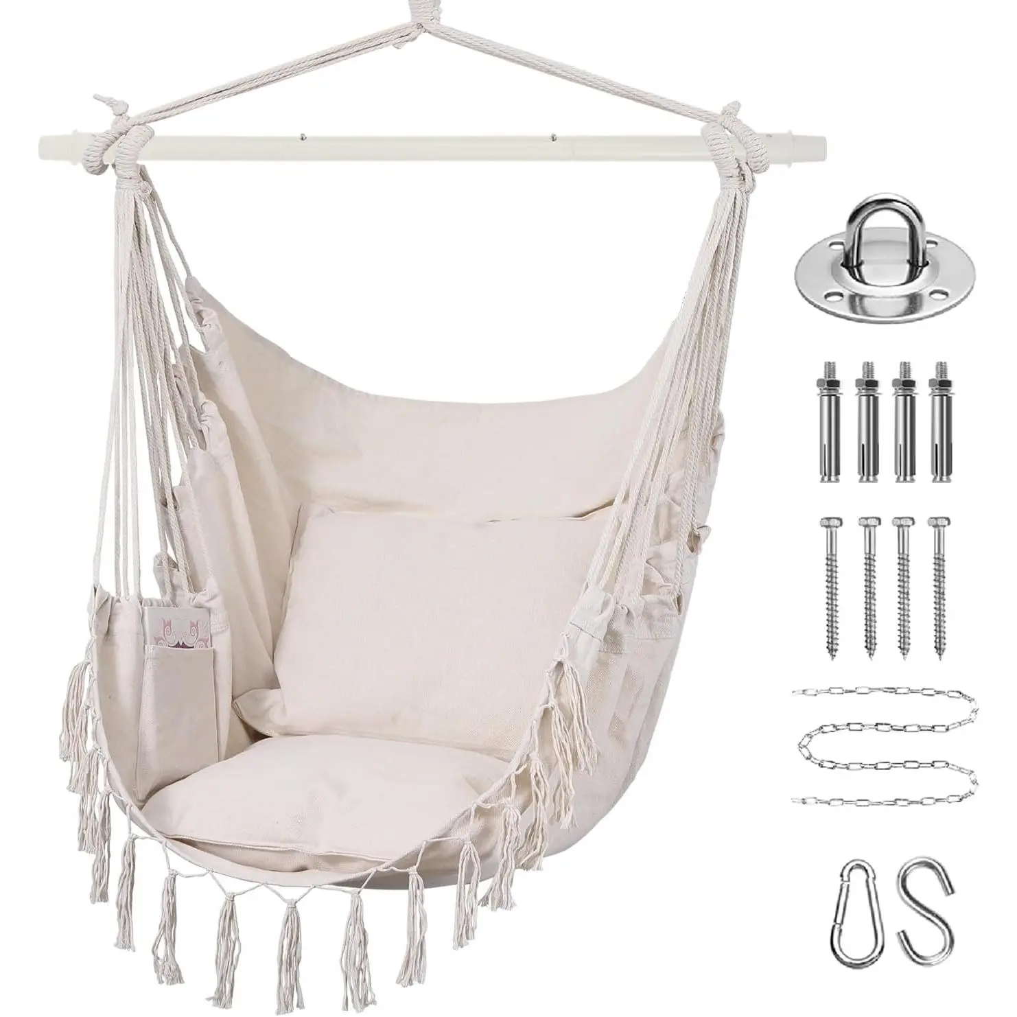Hammock Chair, Rope Ceiling Swing with 2 Cushions, Macrame Boho  Chairs for Indoor,Outdoor,Bedroom,Outside,Garden,Balcony,Yard,Deck,Max 330 Lbs