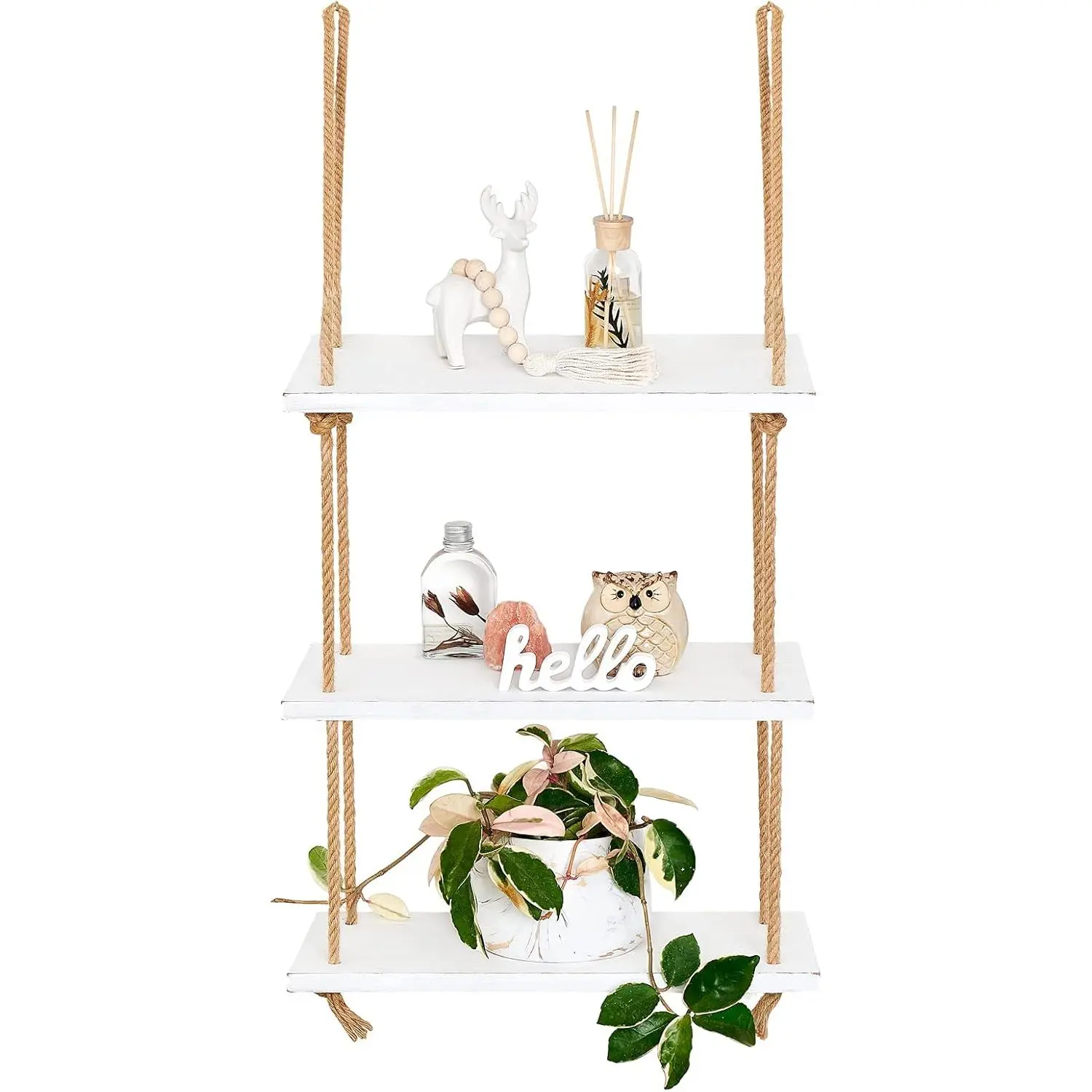 Hanging Shelves 3 Tier White  Wall Mount Floating Shelf with Rope Boho Decor for Living Room Bathroom Bedroom Kitchen Apartment - Rustic  Decorative Storage Shelf