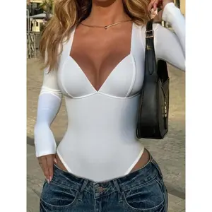 Women's white deep V-long sleeved jumpsuit sexy slim fit push up jumpsuit ribbed elastic street wear simple and fashionable party wearRAIMENTRY