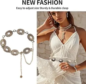 Western Concho Belt for Women - Silver & Gold Metal Cowgirl Waist Chain with Turquoise Stone, Retro Punk Belt