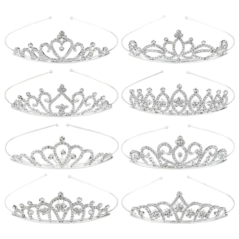 Women's 8-Piece Sparkly Glitter Rhinestone Headbands - Adjustable, Stretchable Silver Metal Tiara Accessories with Clasps for Wedding, Flower & Butterfly-Themed Looks, Flowers, Princess