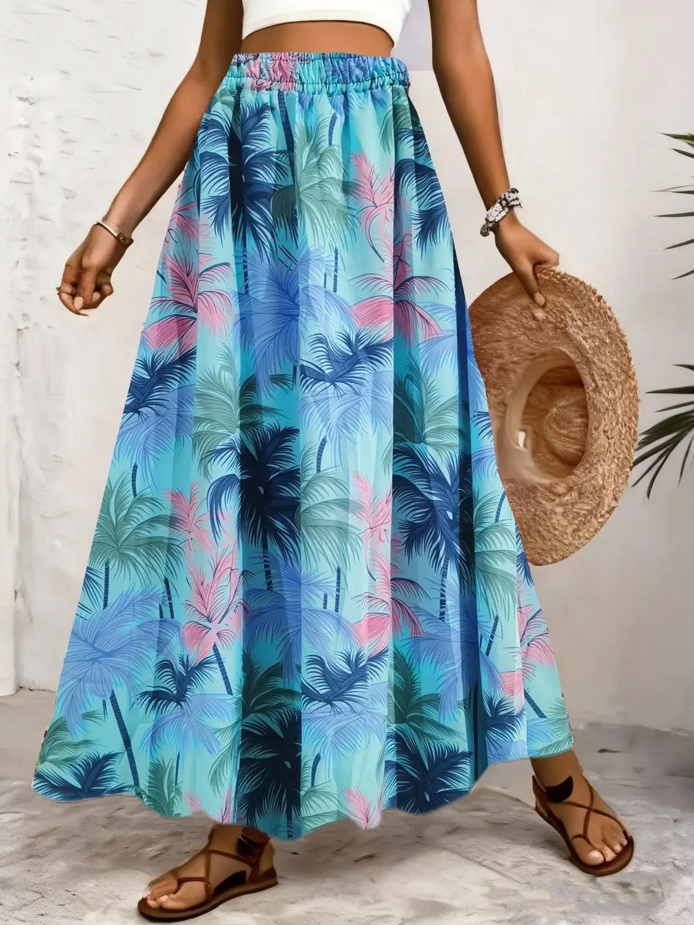 Tropical palm tree printed half-length dress for women, high-waisted loose A-line skirt, versatile for seaside vacations Beach Bohemian