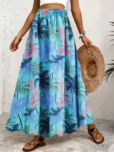 Tropical palm tree printed half-length dress for women, high-waisted loose A-line skirt, versatile for seaside vacations Beach