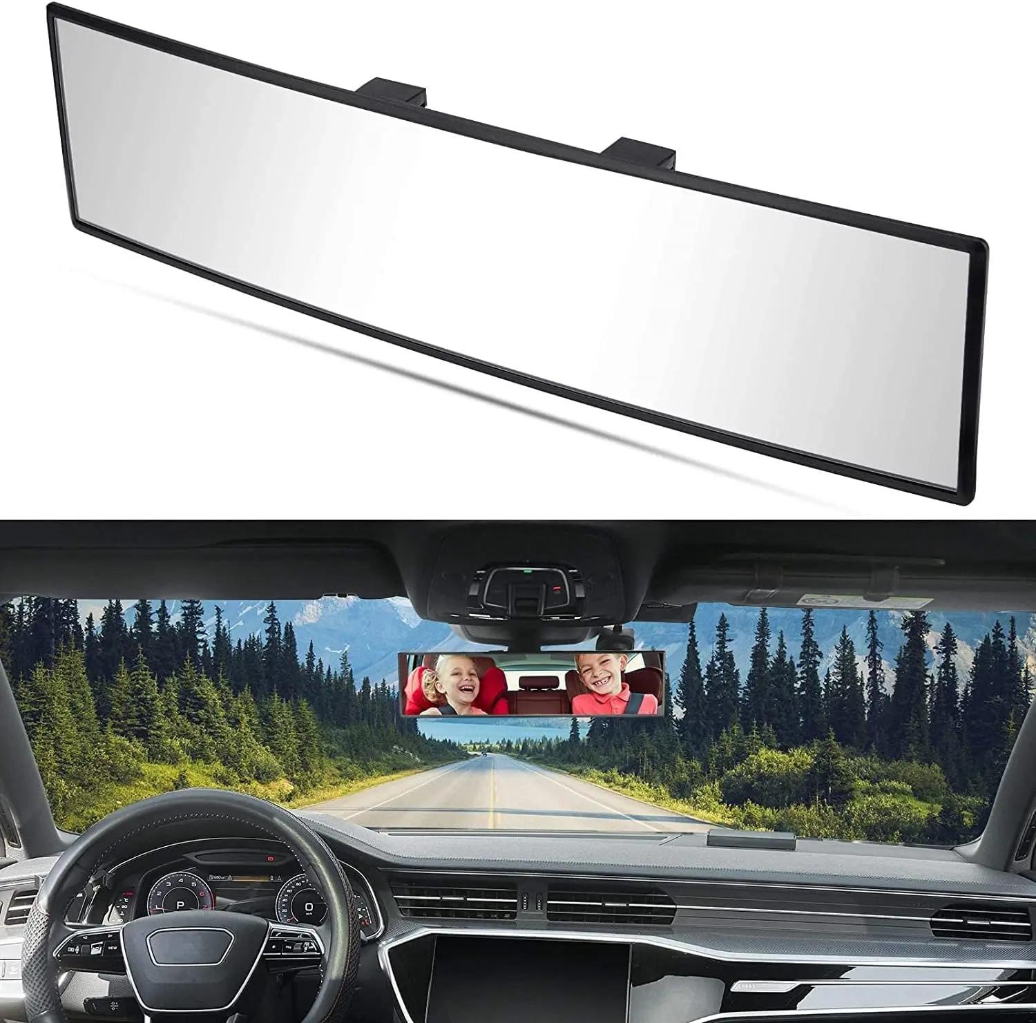 12" Panoramic Rearview Mirror Clip On - Anti-Glare Wide Angle HD Convex Mirror for Cars, SUVs & Trucks, Blind Spot Reduction