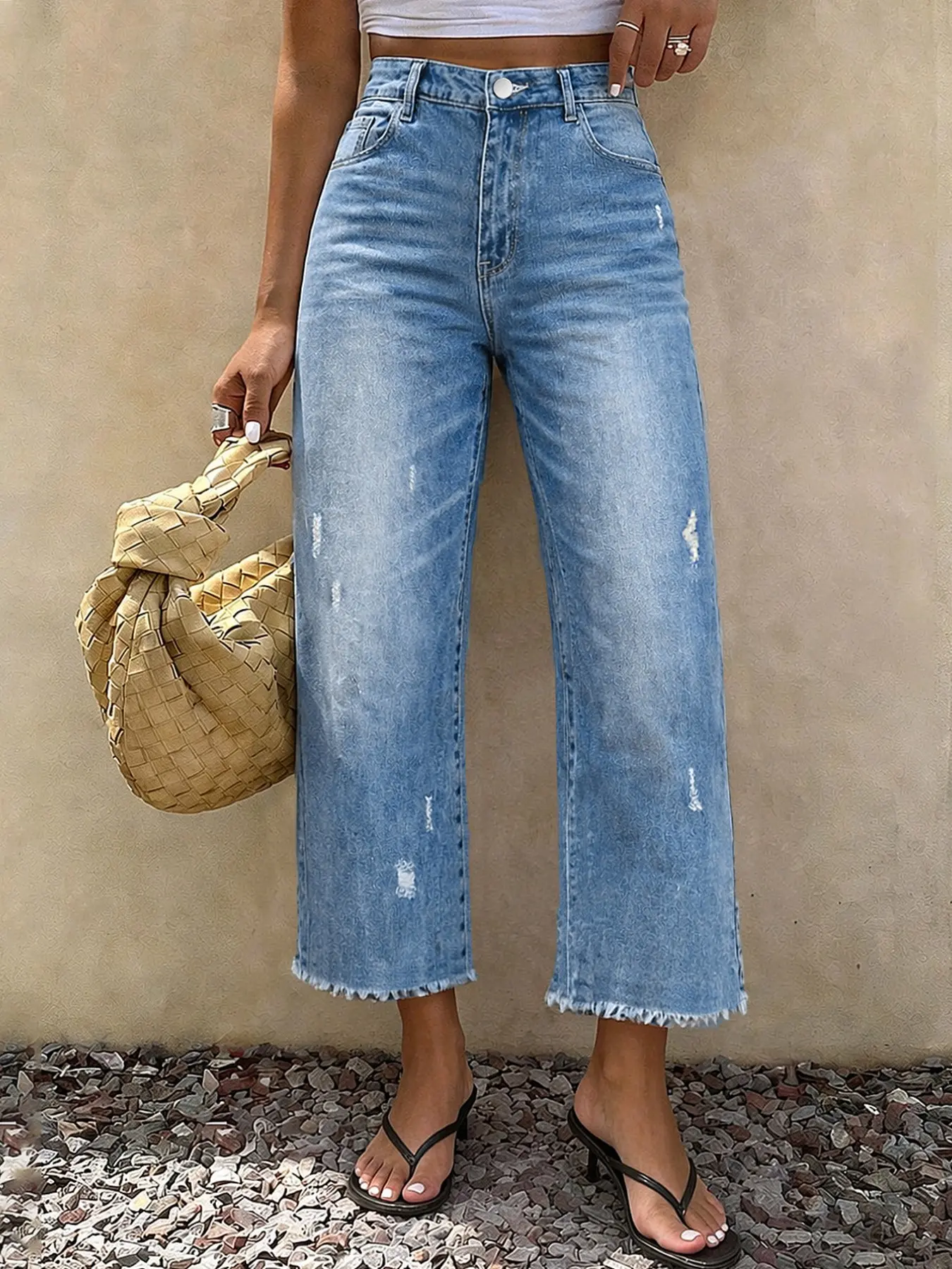 Summer Essential Jeans Women, Straight Leg Loose Cropped Solid Washed Denim, Frayed Hem, Casual High Waist Slim Fit, Perfect for Dates/travel/commute, Denim Capri Pants