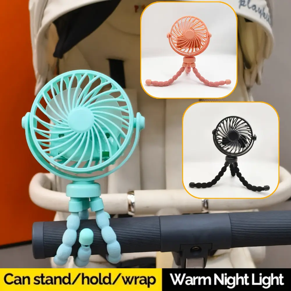 Stroller Buddy Multifunctional Fan - 360° Cooling, Flexible Tripod Base, Baby-Safe, USB Rechargeable, Night Light, Compact Standing Portable Fan with Built-in Cells