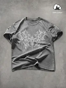Unisex Y2K Gothic Print Round Neck Short Sleeve T-Shirt, Heavyweight Washed Cotton, Vintage Look, Perfect for Casual Wear, Men and Women