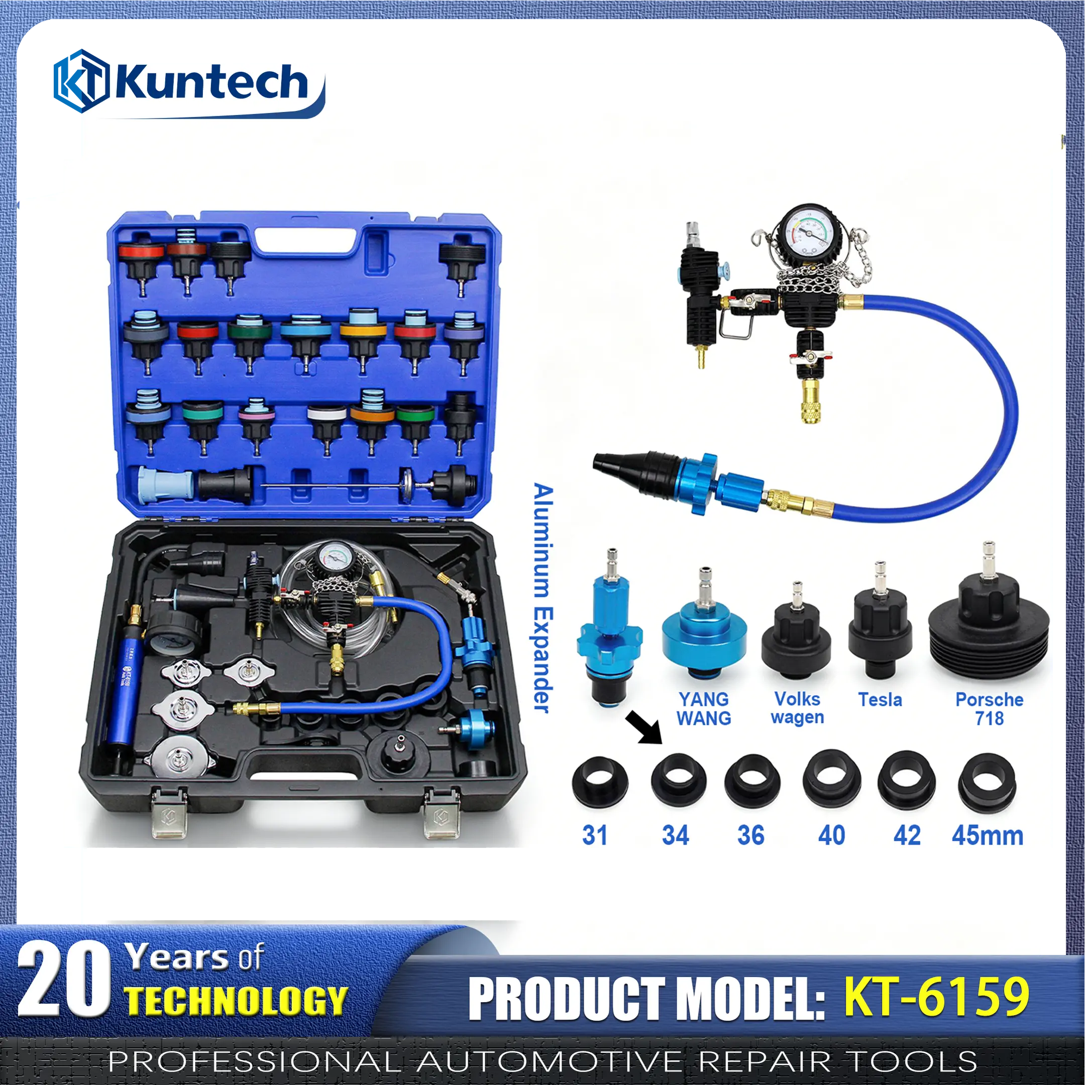 42PCS Universal Radiator Pressure Tester Kit, Vacuum Negative Pressure Coolant Antifreeze Refill Tool Set for Automotive Cooling System Leak Detection KT-6159 Maintenance Seals
