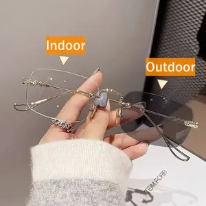 Women's Small Rectangular Photochromic Myopia Glasses Stylish Rimless Minus Diopter Eyeglasses New Trendy Near Sight Eyewear