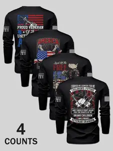 Men's Patriotic Round Neck Long Sleeve T-Shirt, Multicolor, Casual Fitted Style, Tribal Pattern, All Seasons, 4 Pack