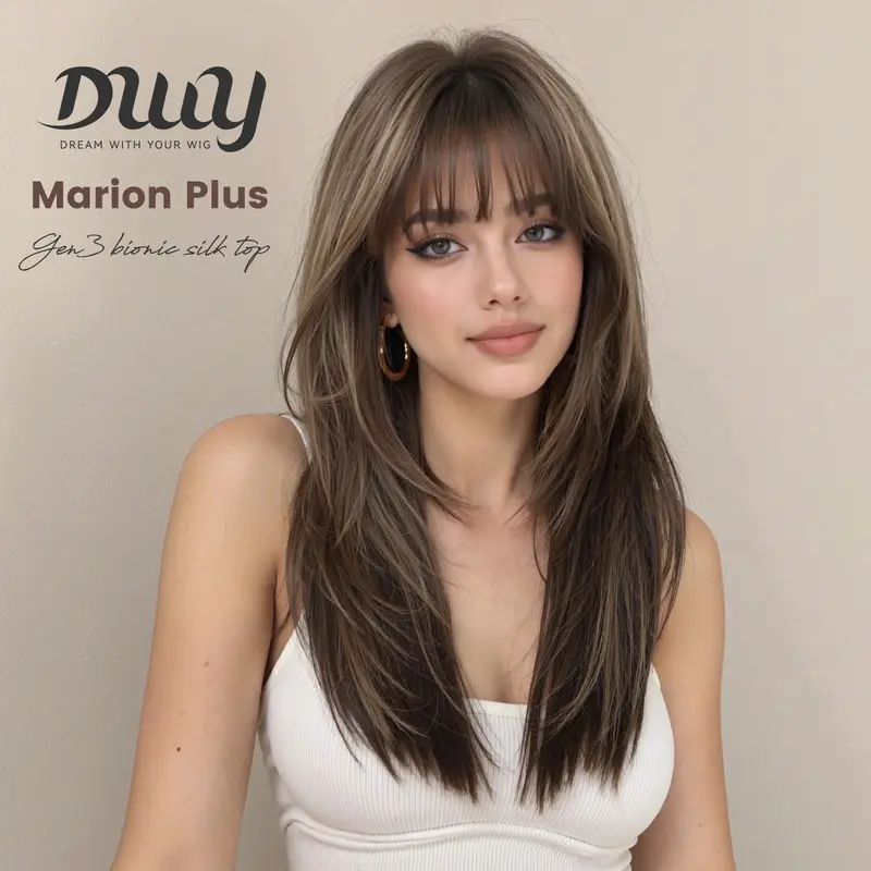 Marion Plus-DWY [Gen3 Bionic Silky Top] Mix Brown 22 Inch Long Wave Glueless Synthetic Wig with Bangs for Women High Quality Premium Fiber Easy Wear Comfortable Fit Straight Layered Wigs Convenient Wigs