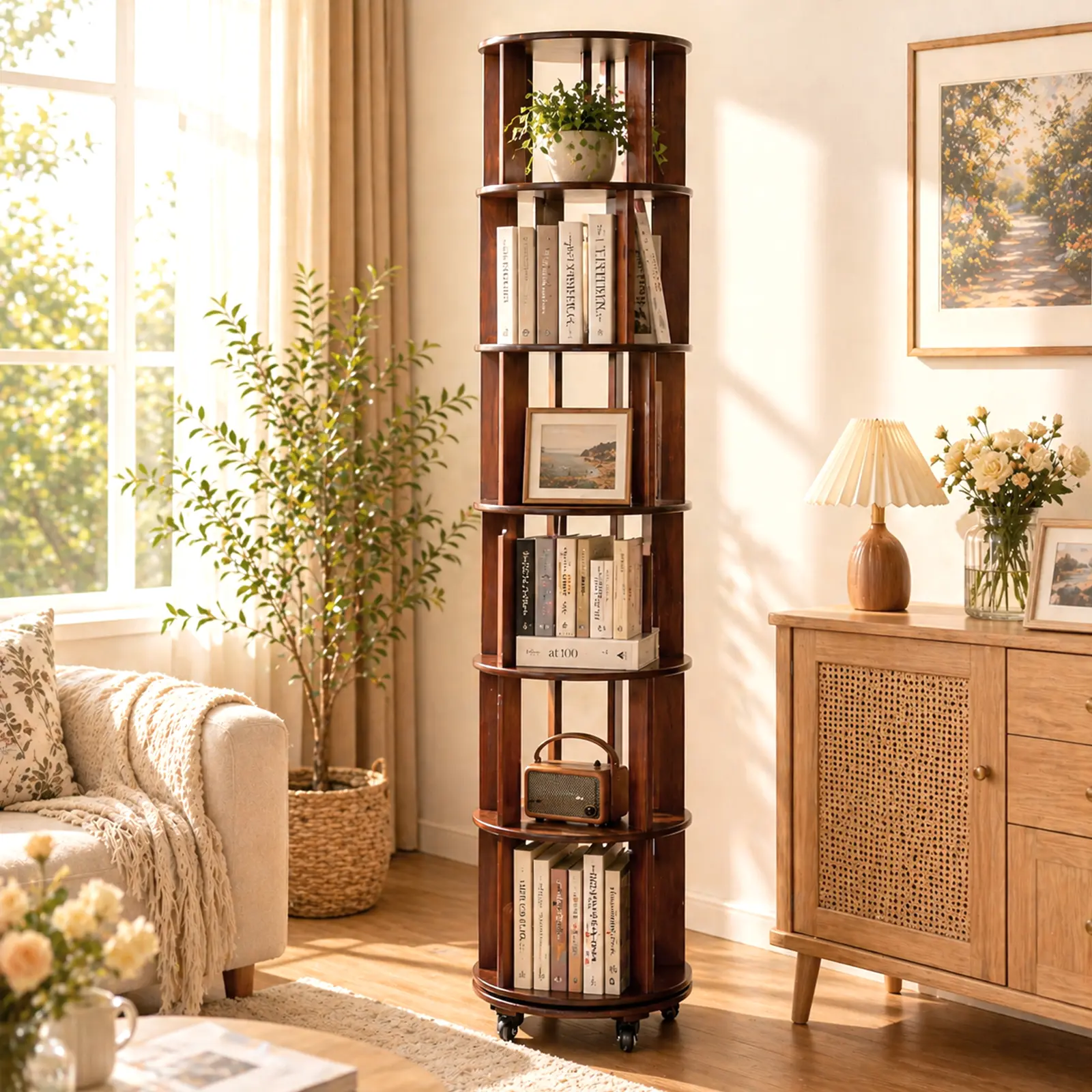 6-Tier Solid Wood Rotating Bookshelf Tower - 360° Spinning Corner Organizer Shelf with Lockable Wheels, Curved Multi-Level Large Living Room Furniture, Floor-Standing Round Bookcase for Bedroom, Study, Walnut, Corner Organizer Living Room Furniture, Curve
