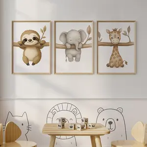 3 Pieces Cute Animal Sloth Elephant Giraffe Wall Art Cartoon Poster Maternity Baby Store Boy Girl Bedroom Living Room Parent - Child Restaurant Canvas Printed Painting Fun Soothing Illustration Nordic Minimalist Decor No Frame Set Beautiful Illustrations