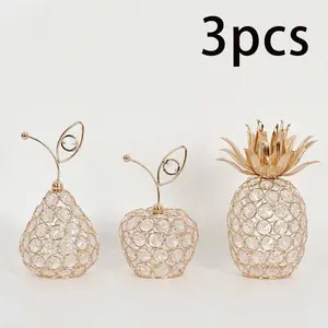 3pcs Gold-Colored Crystal Fruit Decor - Handmade Apple, Pear And Pineapple Statues, Ideal For Tabletop Decoration, Holiday Celebration, Gifts, Mirrors, Treasure, Necklace, Ring, Birthday Storage Box, Wedding, Ladies, Girls, Storage, Birthday Gifts